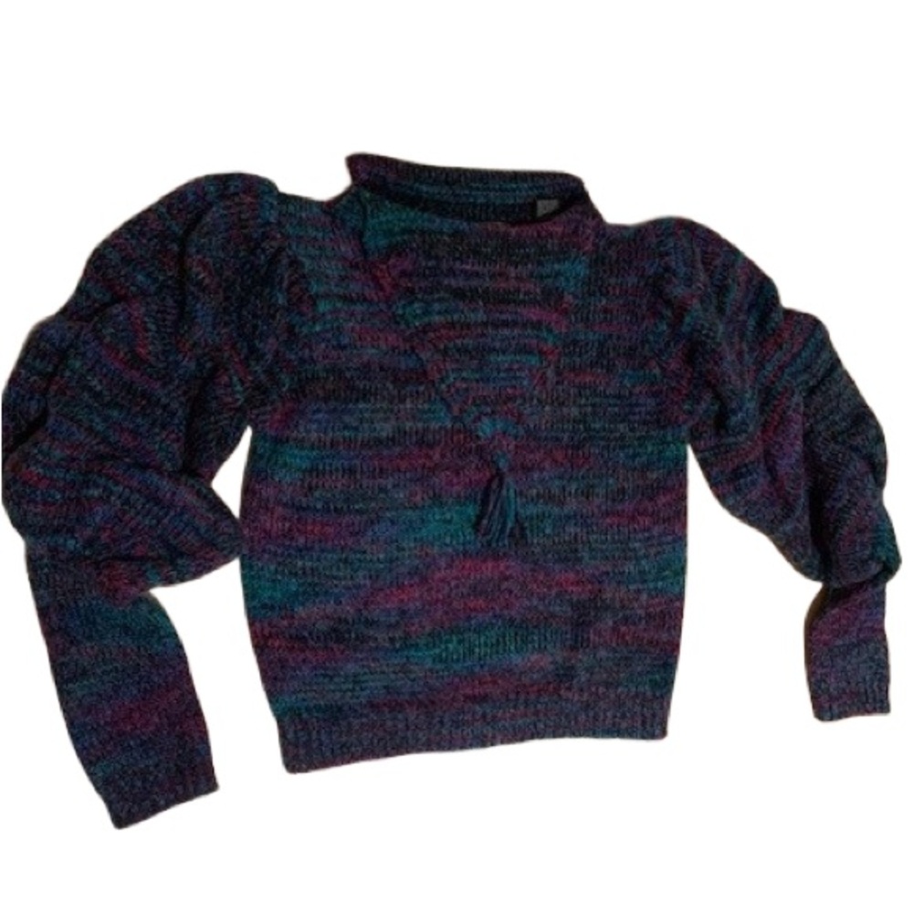Vintage 80’s Gitano Multi Color Knit Sweater Puff Sleeves Tassle Neck Size S/M - Picture 3 of 10